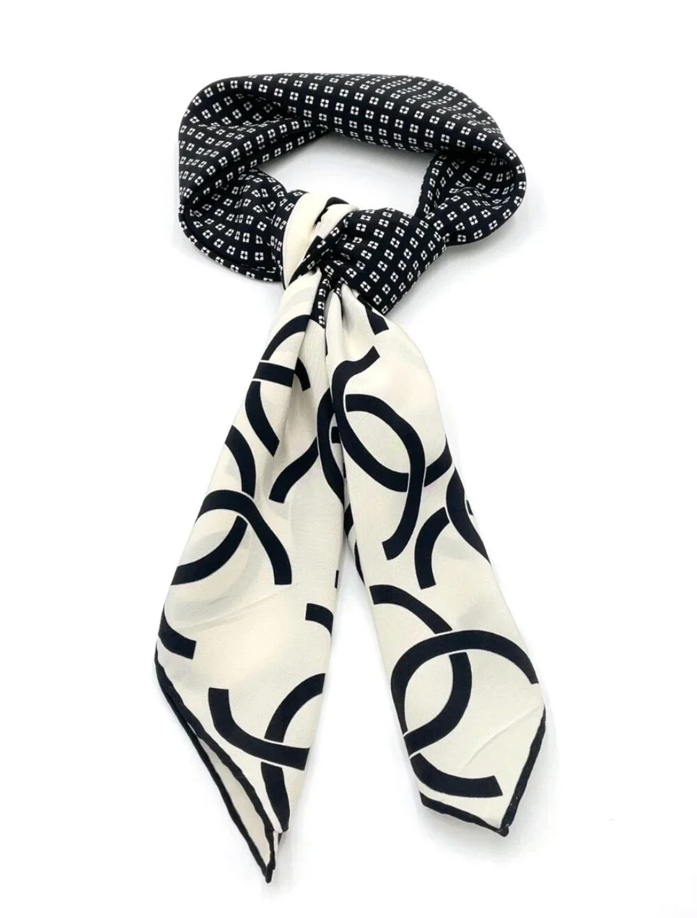 CHANEL Black & White Interlocking CC Silk Scarf